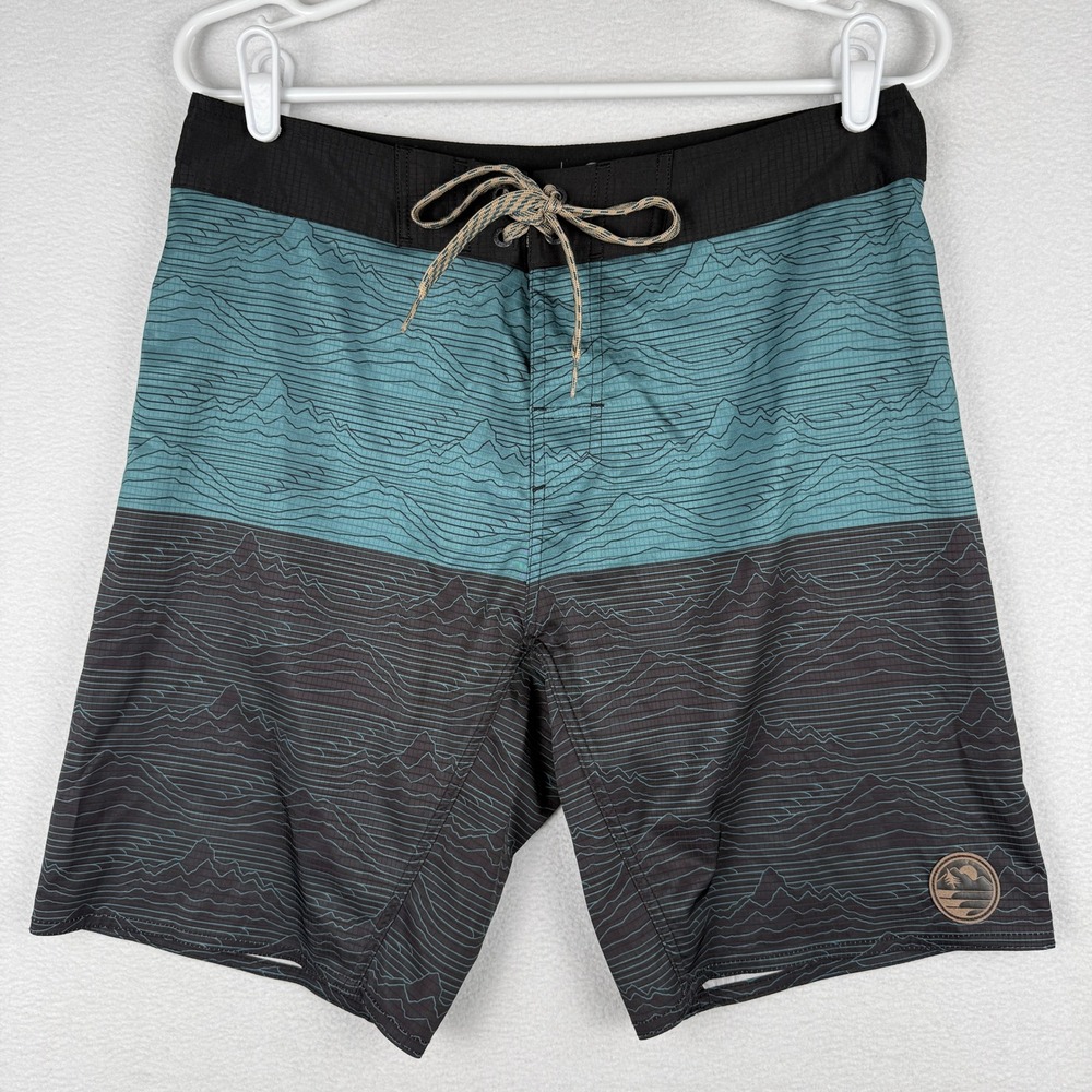 HippyTree Board Shorts Mens 30 Teal Black Mountain Print Stretch Aquatic Div